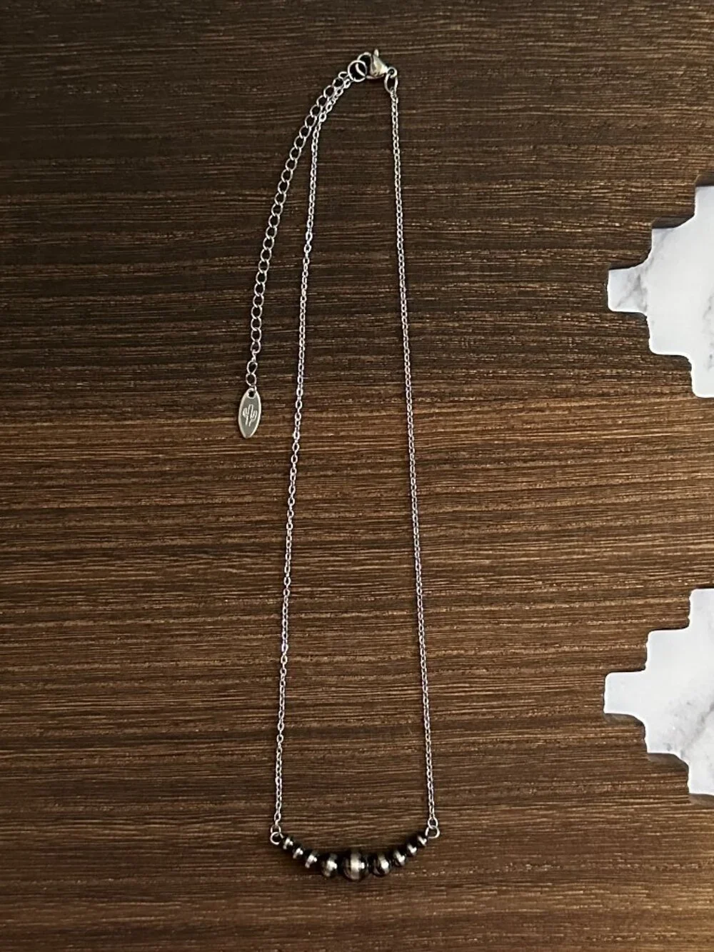 Handmade Brushed Steel Western Pearl 1.5 inch Graduated Bar Necklace 16 inch